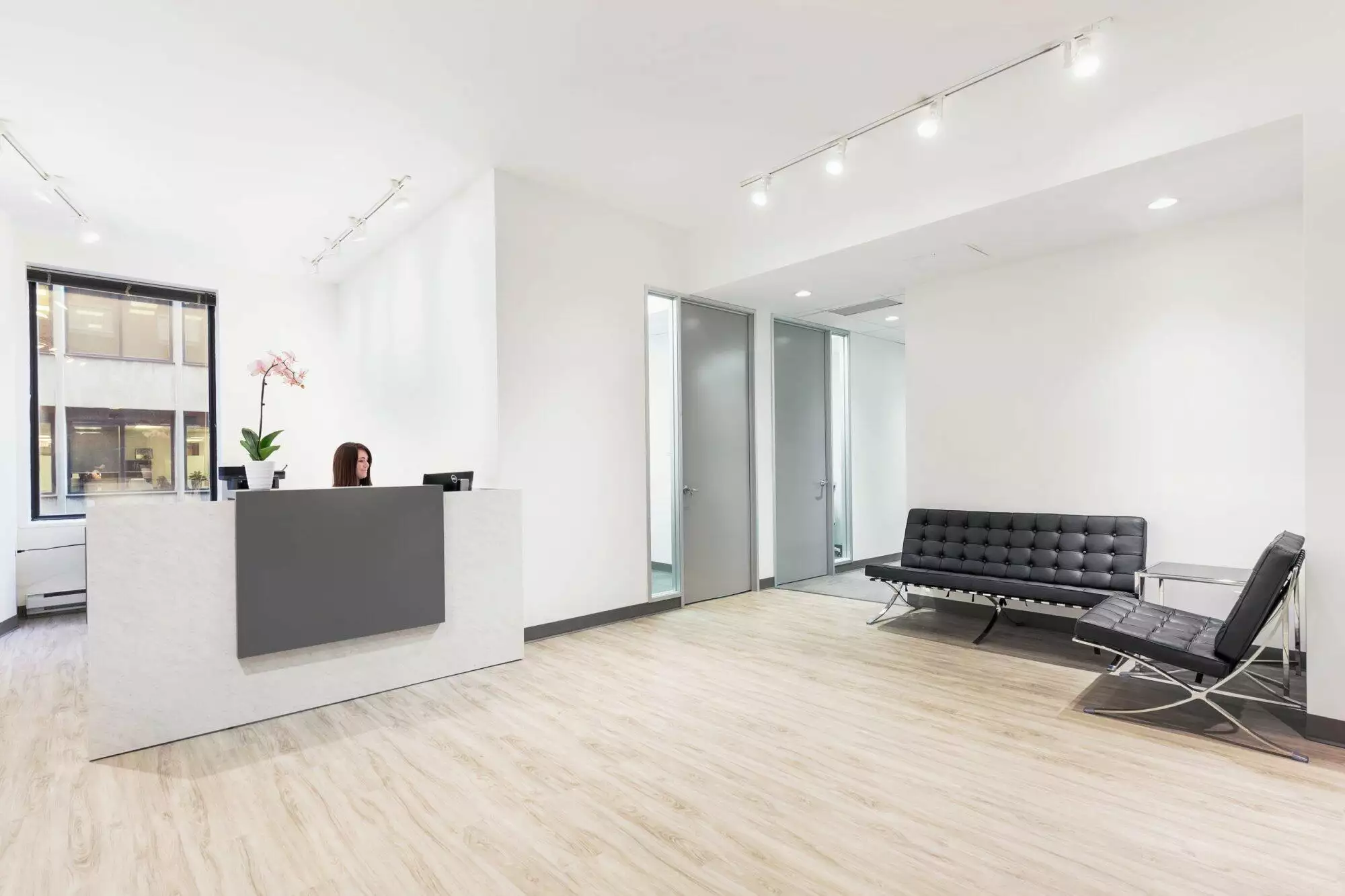 Modern office reception area with a black couch, white reception desk, wood flooring, and a flower on the desk.