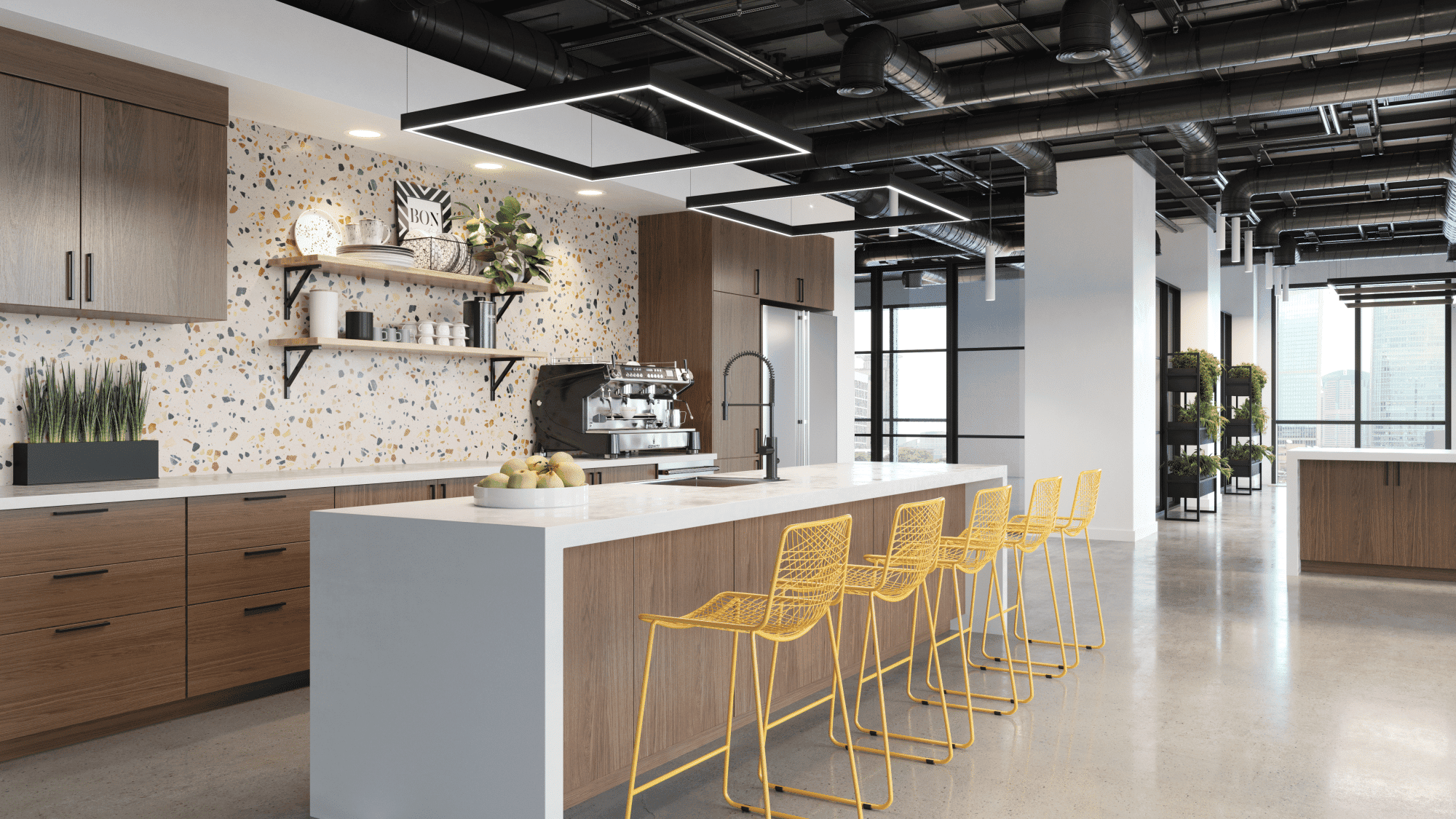 Modern office kitchen with a central island, yellow bar stools, wooden cabinets, and an artistic backsplash.