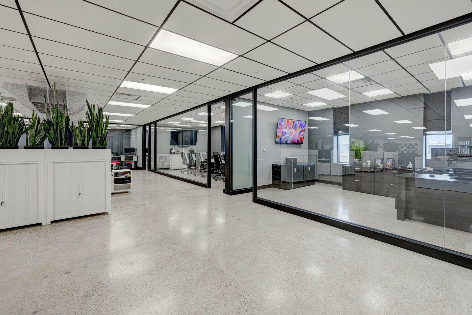 Private offices with glass walls and black trim