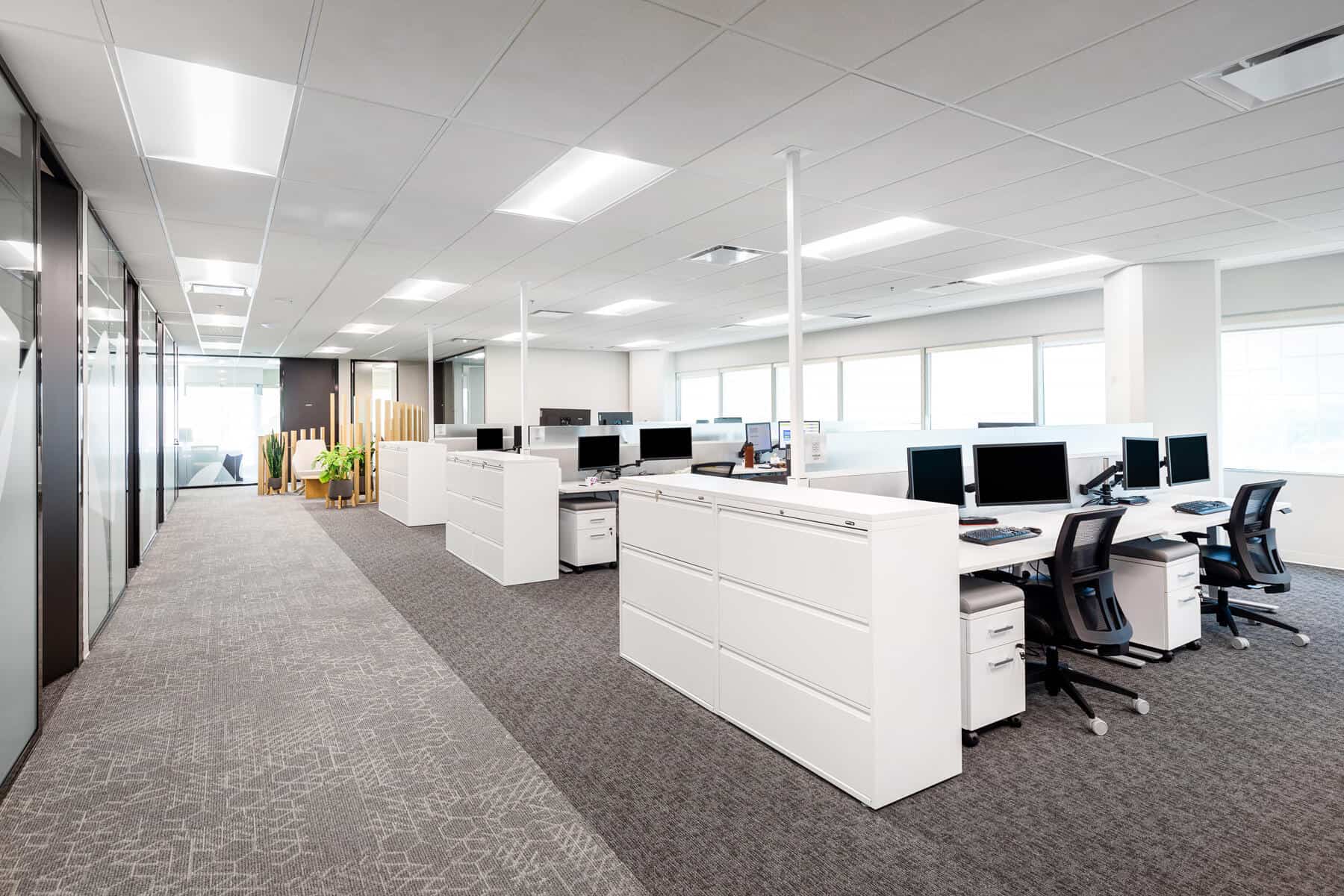 Modern office space with white cubicles, ergonomic chairs, computers, and a carpeted floor. Bright, spacious layout with large windows and corridor on the left, recently enhanced by an office renovation.