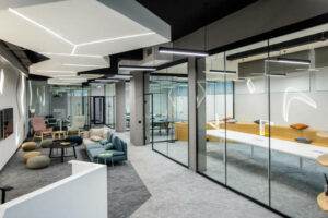 Empty leisure area in an office building with glass wall partition