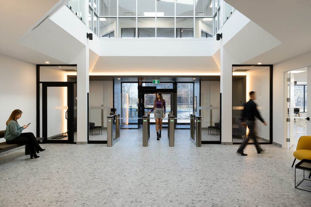 Corporate lobby with central overhead skylight