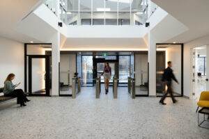 Corporate lobby with central overhead skylight
