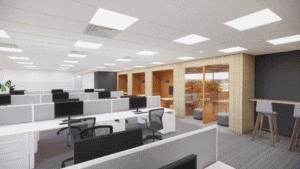 Rendering of open office space that offers flexibility