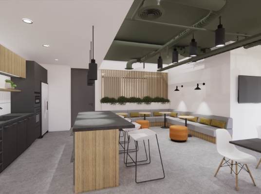 Modern office break room with kitchen area, bar stools, and lounge seating with orange and green accents under natural and pendant lighting, featuring a creative design service.