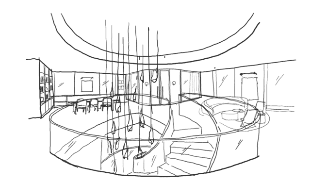 Line drawing of a modern interior space with a curved staircase, hanging lights, a long dining table, shelves, and a seating area, enclosed by glass walls.