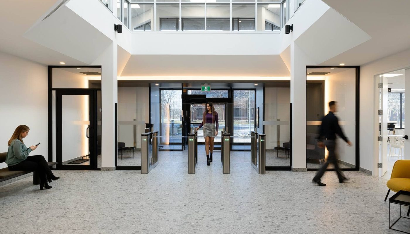 Corporate lobby with central overhead skylight