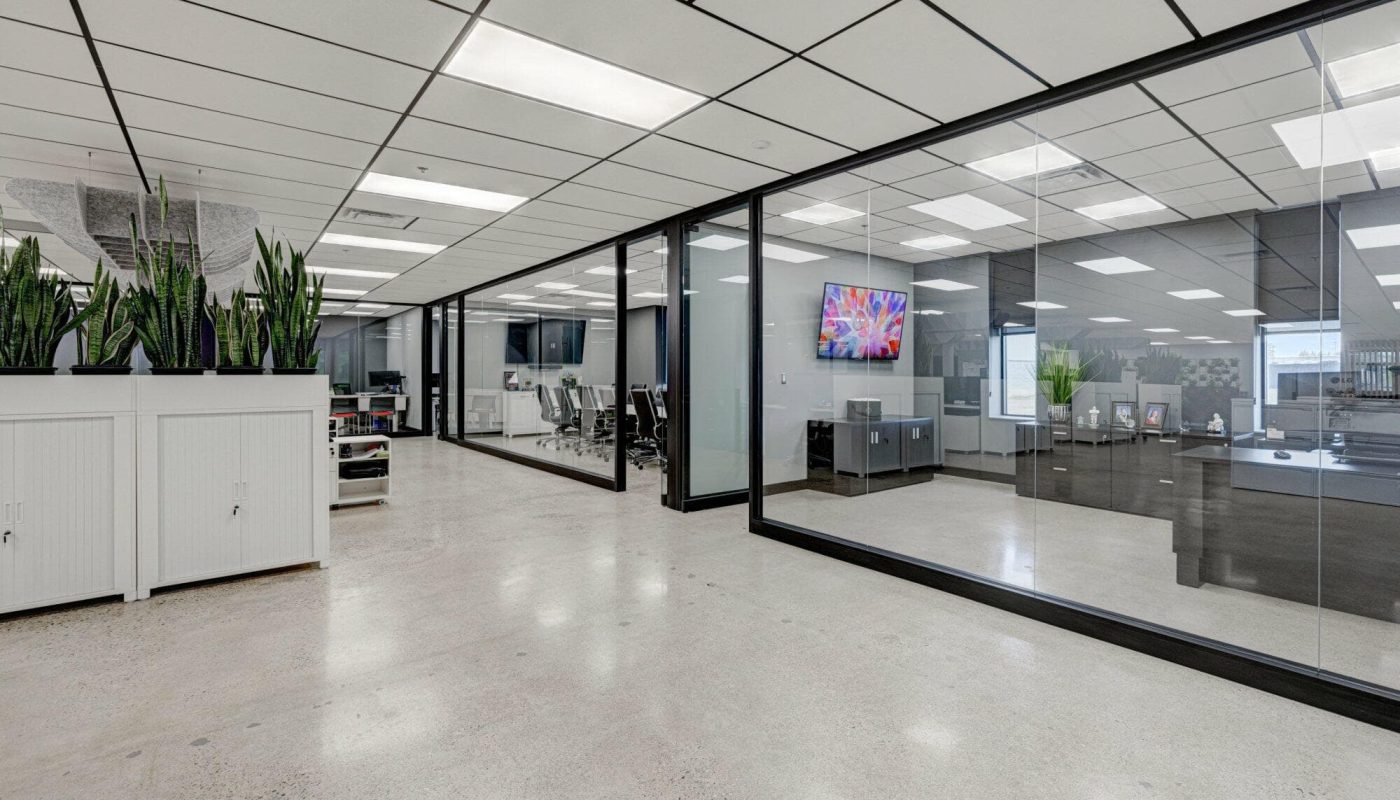 Private offices with glass walls and black trim